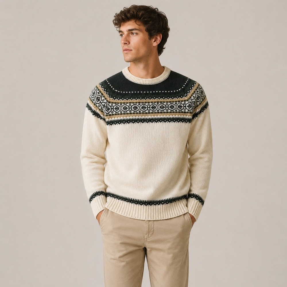 Sigallo Vintage Men's Ivory Green Fair Isle Sweater, M Winter